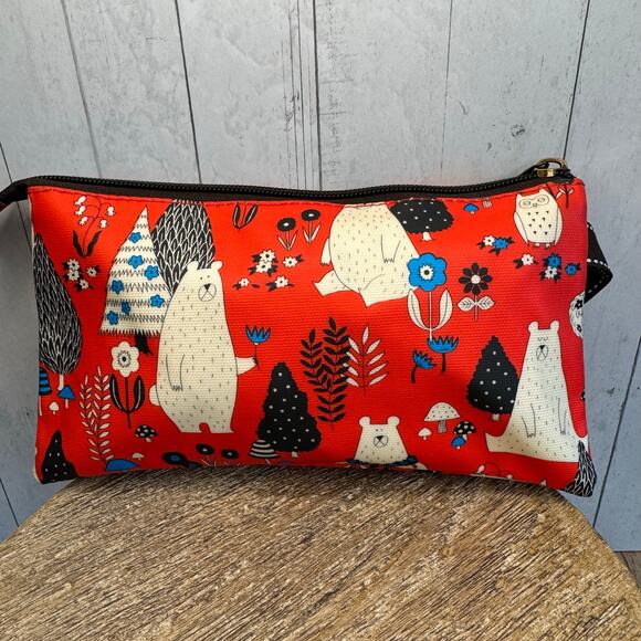 Woodland Bears Red Clutch Purse Makeup Bag Wristlet Forest Owl Red Wallet NEW - Picture 6 of 8